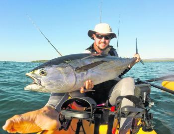 Brad Pollard with one of the many longtail tuna responsible for snapping up live bait intended for mackerel. Image courtesy of Brad Pollard.