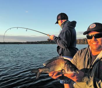 A cracking black bream from the top lake in Merimbula with another hook-up in the background – awesome stuff.