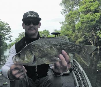 Chris Butler with a fat old Tweed bass caught off the top on a cicada lure. 