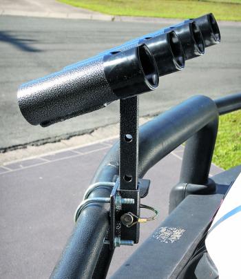 NOT LEGAL: Bullbar rod holders cannot be left on the vehicle when not in use if they protrude forward of the bullbar. You can turn a standard model around so it is behind the front profile of the bullbar when not in use and this is legal providing 