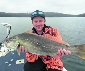 Mitch Bloomquist with his first mulloway at 83cm caught in Wagonga Inlet and released.