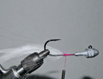 At this same position, attach 3 to 5 saddle hackles to the far side of the jig with a series of thread wraps. The natural curvature of the hackle should be facing inwards. The middle of the hackle should roughly coincide with the bend of the hook.