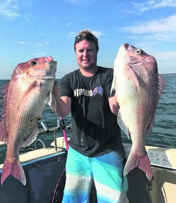 Good numbers of quality snapper up to 8kg have been keeping anglers busy off Mornington during the last month. Ryan Knights is happy with his lovely brace of Mornington reds. Photo courtesy of Mark Keaveny.