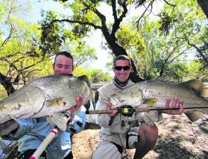 A brace of hefty freshwater barra taken on a recent camping trip up the cape. 