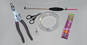 These are a few of the items required for rigging up and adapting a squid skewer and presenting it. Floats like these and float stoppers should be available at any decent tackle supplier. Fluorocarbon leader has low visibility in the water and is the