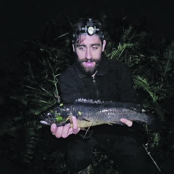 Luke Vandeligt with an impressive winter river blackfish, caught on a little hardbody lure. River blackfish, like eels, are generally targeted over the winter months using worms fished in the dark, so you can imagine the surprise when this river blackfish